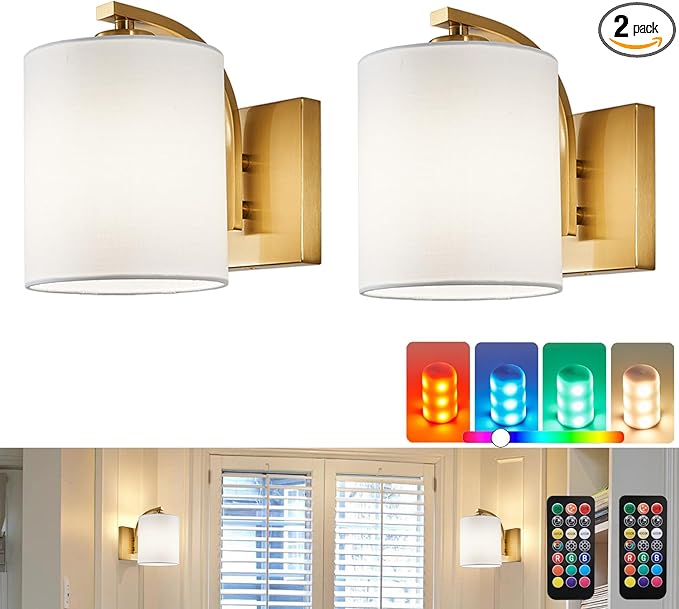 Battery Operated Wall Sconce Set of 2, Brushed Gold Cordless Rechargeable Wall Sconces with Dimmable LED Bulb, 13 Colors Wall Lights for Bedroom Living Room Hallway