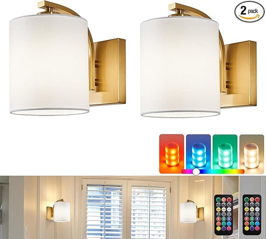 Battery Operated Wall Sconce Set of 2, Brushed Gold Cordless Rechargeable Wall Sconces with Dimmable LED Bulb, 13 Colors Wall Lights for Bedroom Living Room Hallway