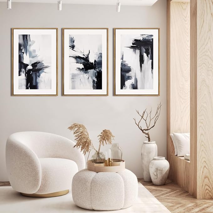 IARTTOP Large Abstract Modern Minimalist Neutral Framed Canvas Wall Art 16x24 Inch Black and White Wall Decor Set of 3 for Living Room Bedroom Office