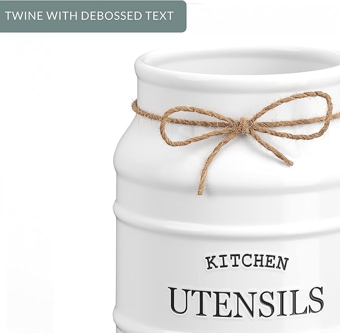 Barnyard Designs Ceramic Farmhouse Utensil Holder for Kitchen Counter, Large Rustic Utensil Crock, Countertop Cooking Tool Spatula Organizer, 6.75” (White)