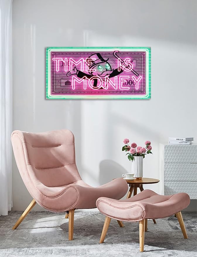 Time Is Money Show me the Money Motivational Office Canvas Art Green Pink Inspirational Wall Art Canvas Print Home Office Room Decor Inspirational Gifts for Men HD Print Framed Easy to Hang-32 Wx16 H