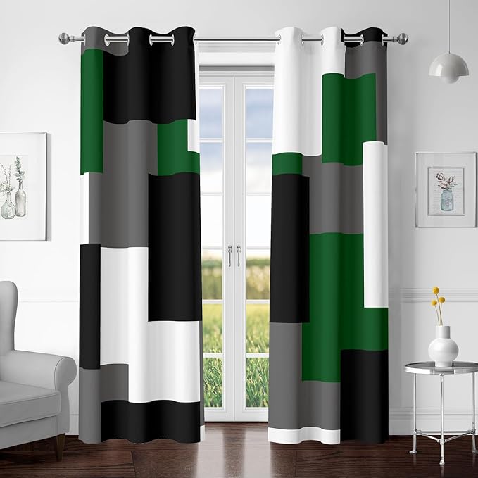 Green 100% Blackout Curtains for Bedroom 96 inch Length 2 Panels Set White Grey Modern Abstract Geometric Black Out Curtains Insulated Room Darkening Window Drapes for Living Room, 42Wx96L