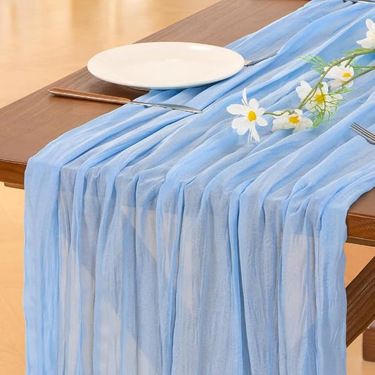 Socomi 10pcs Blue Fall Thanksgiving Cheesecloth Table Runner Light Blue Boho Rustic Gauze 120 inch 10FT Cheese Cloth Runner for Wedding Party Baby Shower Birthday Home Decor Holiday Decorations