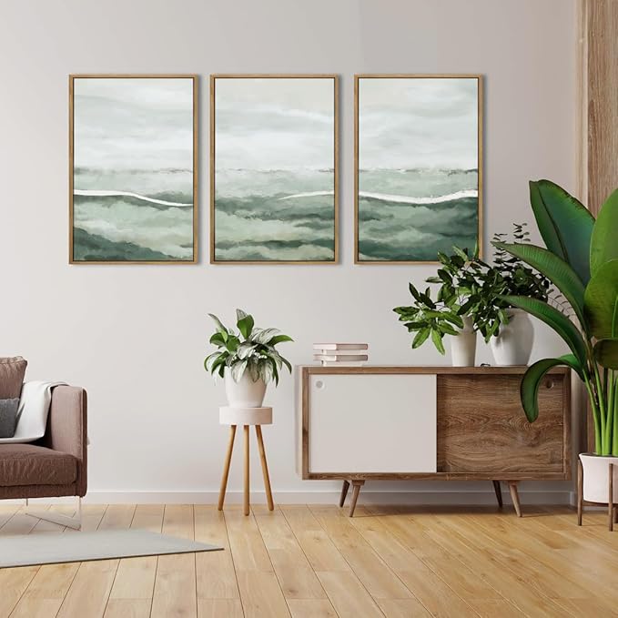 ANHUIB Green Wall Art 16x24 Inch Large Canvas Wall Art Abstract Watercolor Wall Decor Misty Landscape Art Prints Framed Neutral Paintings Set of 3 for Living Room Bedroom Ofice