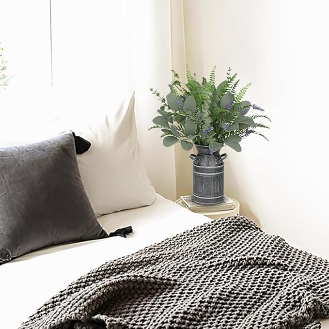 Hollyone Artificial Eucalyptus Plant in Rustic Metal Vase 18" Fake Plants Eucalyptus Leaves Lavender Stems Faux Greenery Potted for Farmhouse Kitchen Office Shelf Home Indoor Table Centerpieces Decor