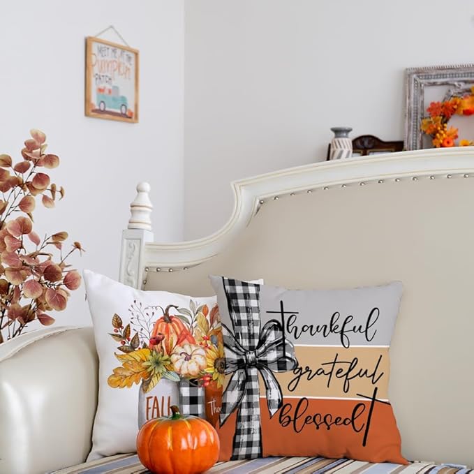 GEEORY Fall Throw Pillow Covers 20x20 Inch Set of 4, Pumpkins Mason Jars Sweet Home Striped Autumn Thanksgiving Seasonal Decorative Farmhouse Decoration (Off-White) G637-20