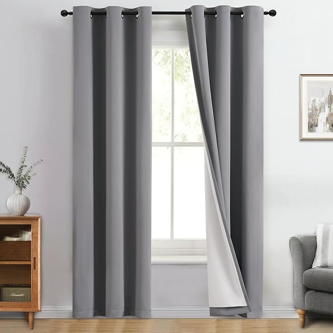 Yakamok 100% Blackout Curtain Panels 84 inches Cold and Light Blocking Drapes for Nursery, 2 Thick Layers Thermal Insulated Draperies (2 Pieces, 40 Wide Each Panel, Grey Front with White Backing)
