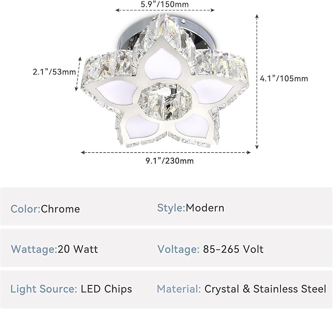 FRIXCHUR Crystal Ceiling Light Small Flower Chandelier Flush Mount Light Fixture for Kitchen Hallway Dining Room Bedroom Girls Room (Warm White)