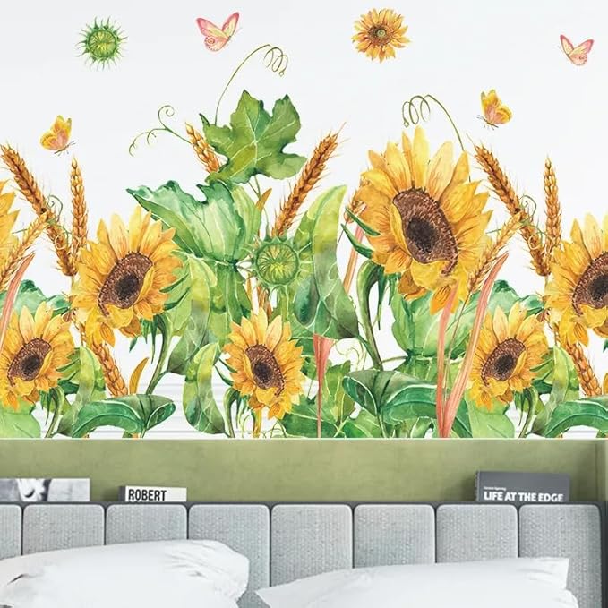 12x36 Inch Set - Sunflower Themed Floral Wall Decals for Decor, Self Adhesive Vinyl for Home Decor for Nursery, Home, (Floral Design #5)