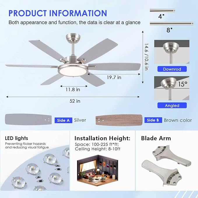 Ceiling Fans with Lights and Remote/APP Control, 52 Inch Flush Mount Ceiling Fan,11in 30W LED Ceiling Light, 3CCT, Quiet DC Motor Ceiling Fans for bedroom,Kitchen Brushed Nickel