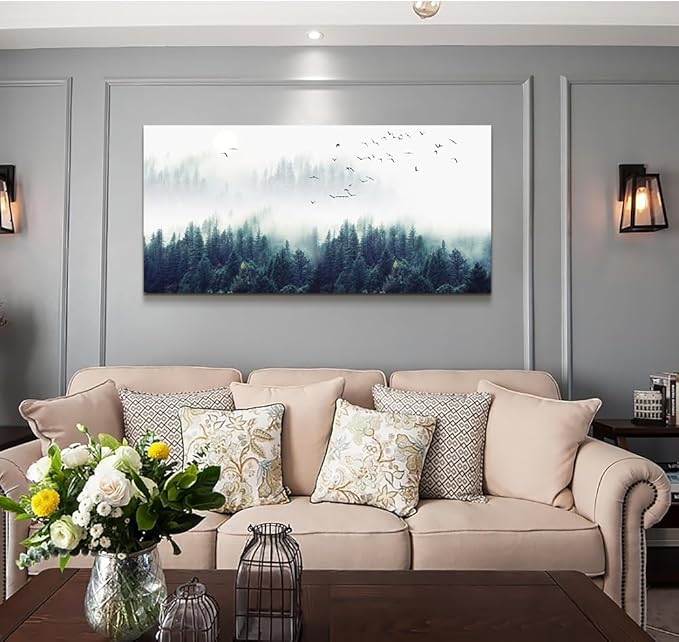 Wapluam Large Wall Art For Living Room Canvas Wall Decor Bedroom Modern Home Decor Office Wall Decoration Fog Forest View Wall Painting Stretched And Framed Pictures Ready To Hang Art Works 48 X 24