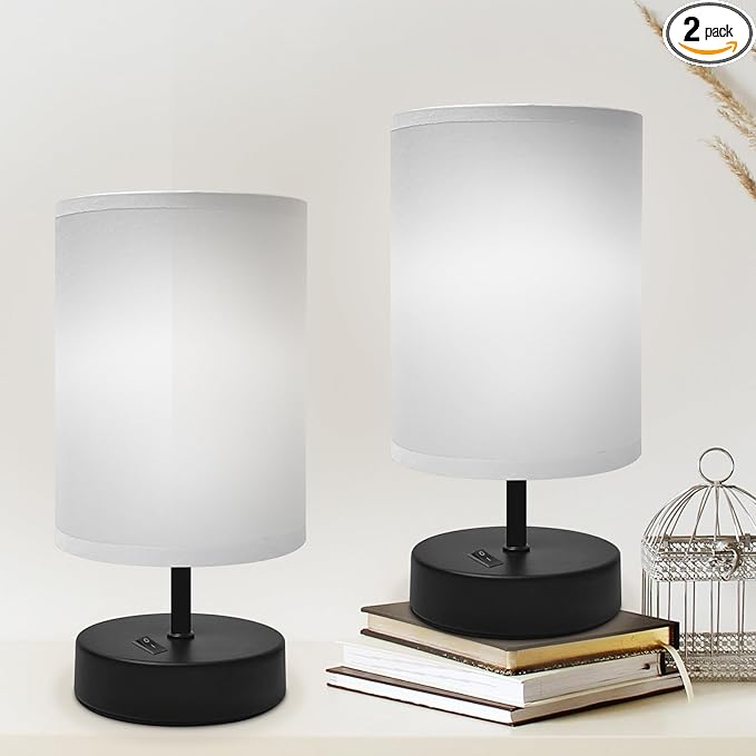 Small Lamp for Bedroom, Bedside Lamps for Night Stands, Mini Minimalist Table Lamp with Round Gray Fabric Shade, 9 Inch Desk Reading Lamp for Dorm Room Living Room Office Room, 2 Pack
