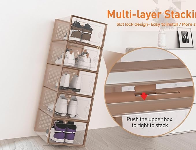 Kuject X-Large Shoe Storage Boxes Organizers for Closet 12 Pack, Fit Size 11,Clear Plastic Stackable Sneaker Containers for Entryway, Space Saving Shoe Rack,Substitute for Drawer Organize Unit, Brown