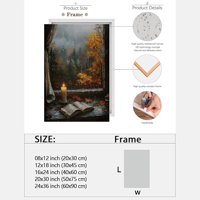 Fall Canvas Wall Art Cozy Bookish Posters Autumn Pictures Prints Moody Dark Cottagecore Academia Art Room Living Wall Decor 16x24inch Framed