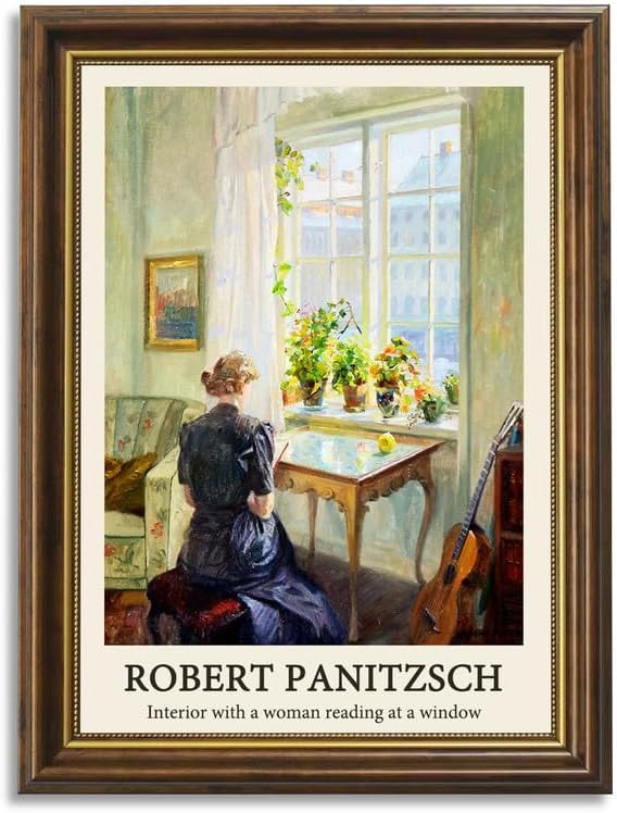 Yihaca Vintage Women Wall Art, a Woman Reading at a Window Paintings Decor Aesthetic,Vintage Brown Framed Canvas Print Artwork, Retro Portrait Wall Pictures for Bedroom Living Room,12x16inch