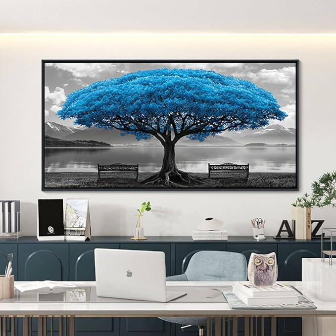 YDYSUNE Blue Tree Framed Canvas Wall Art for Living Room Large Size Wall Decor For Bedroom Black And White Pictures Lake Scenery Painting Office Decor Room Home Decoration Artwork Black Framed 29X58IN