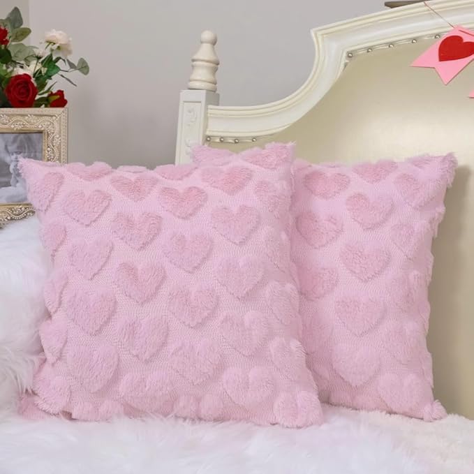 GEEORY Valentines Day Soft Plush Love Heart Pillow Covers, 20 x 20 Inch Set of 2, Faux Fur Wool Decorative Anniversary Cushion Case for Sofa Home Decoration Pink GC011-20