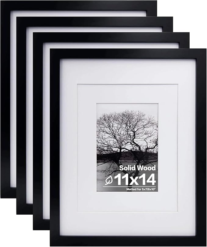 Egofine 11x14 Picture Frames Set of 4, Made of Solid Wood Covered by Plexiglass 5x7 and 8x10 with Mat or 11x14 without Mat, for Table Top Display and Wall Mounting Photo Frame Black