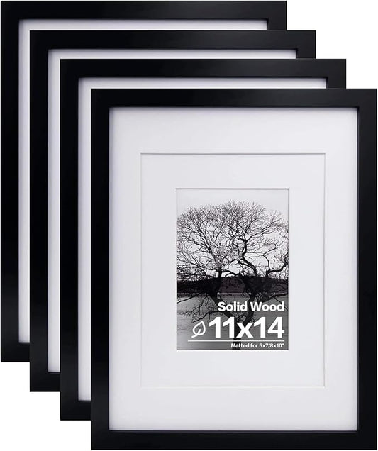 Egofine 11x14 Picture Frames Set of 4, Made of Solid Wood Covered by Plexiglass 5x7 and 8x10 with Mat or 11x14 without Mat, for Table Top Display and Wall Mounting Photo Frame Black