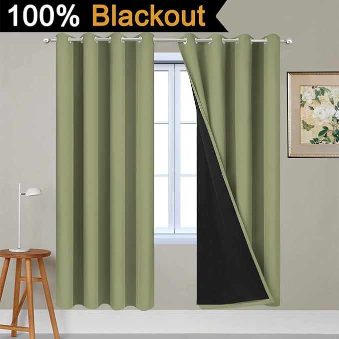 Yakamok 100% Blackout Curtains Energy Saving Thermal Insulated 2 Thick Layers Completely Blackout Drapes with Black Liner for Bedroom (52Wx72L, Sage, 2 Panels)