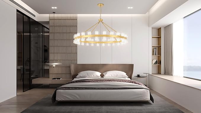 48 Inch Gold Wagon Wheel Chandelier with Crystal Shade, 48 Lights, Modern Farmhouse Style, Ideal for Dining Room, Kitchen, Entryways