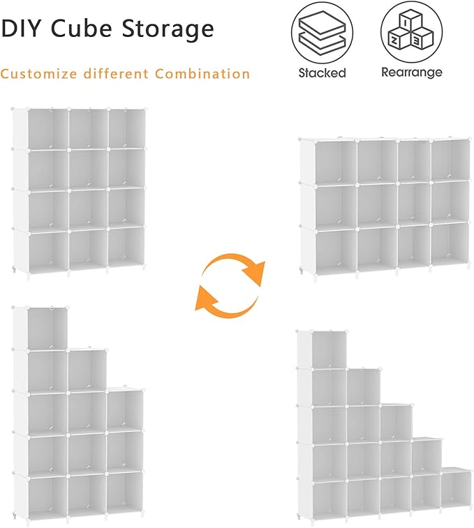 AWTATOS Cube Storage Organizer Storage 12 Cube Bookshelf DIY Plastic Closet Clothes Storage Shelves with Wooden Mallet, Stackable Storage Solution for Home, Bedroom, White