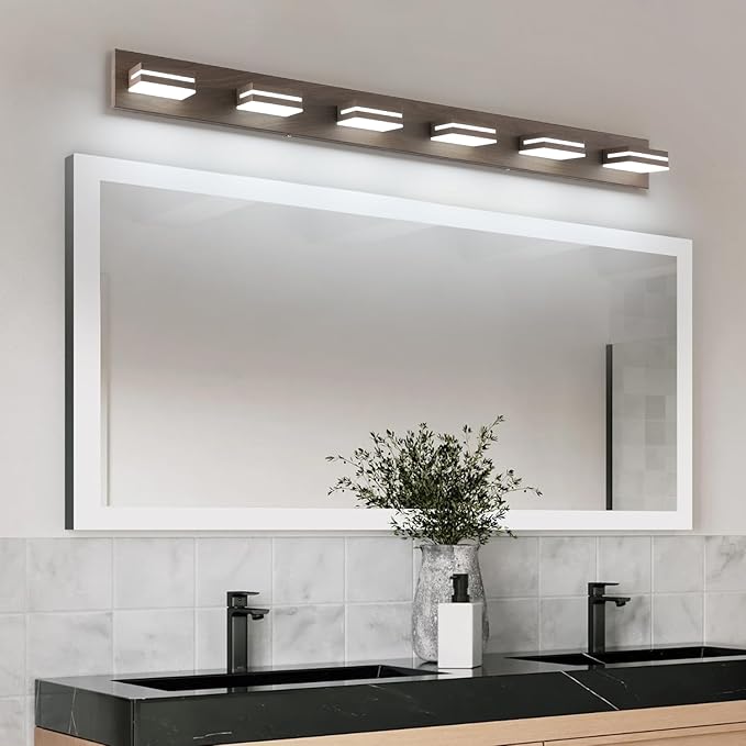 SineRise LED Modern Bathroom Vanity Light Fixtures (6-Light, 48-Inch, Dimmable), Brown Wood Painted Modern Acrylic Bathroom Wall Lighting Fixtures Over Mirror (Cool White 6000K)