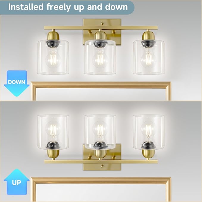 3 Light Gold Bathroom Light Fixtures, Modern Bathroom Vanity Lights with Clear Glass, Gold Vanity Mirror with Lights for Mirror Living Room Bedroom Hallway E26 Base