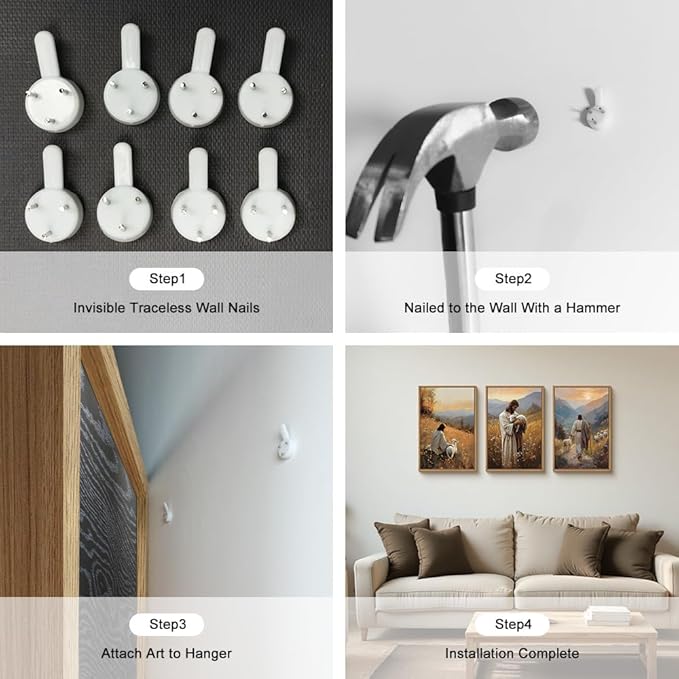 HOURIA Jesus The Good Shepherd Framed Canvas Wall Art Set,Biblical Lamb Sunset Wall Decor, Mountain Meadow Landscape Artwork,Christian Religious Art Prints for Living Room, Bedroom, Church- 16"x24"x3