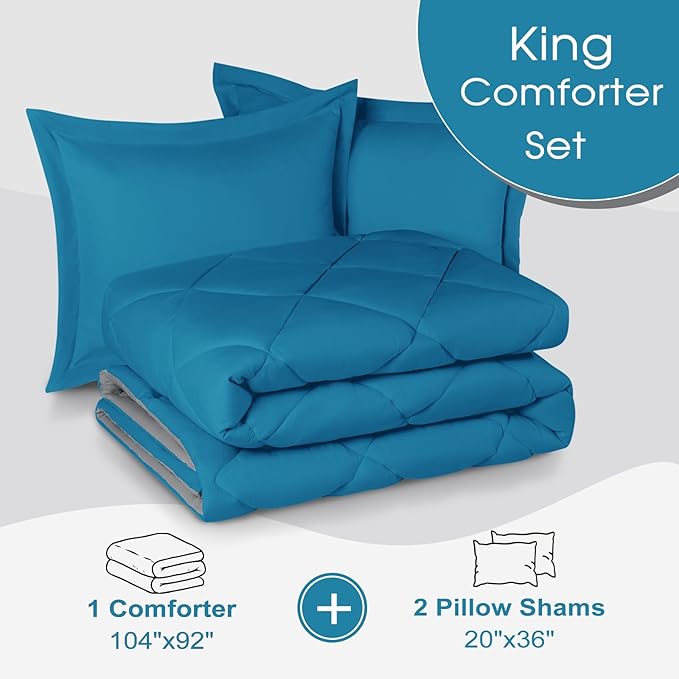 Basic Beyond King Size Comforter Set - Blue Comforter Set King, Reversible King Bed Comforter Set for All Seasons, Algiers Blue/Charcoal