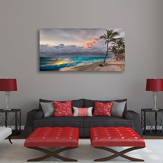 Beach Pictures Wall Art Canvas Prints Seascape Poster Bathroom Decor Blue Ocean Green Tree Painting for Living Room Bedroom Home Kitchen Decoration 28x57 Wooden Frame Natural Landscape Artwork