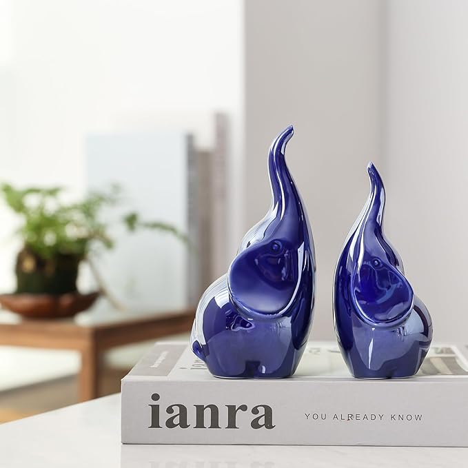 Ceramic Elephant Figurines with Trunk Up, Pair Couples Loving Elephant Statue, Small Figurines Sculpture African Home Decor, Valentine Elephants Gifts for Women, Wedding Knick Knacks（Blue）