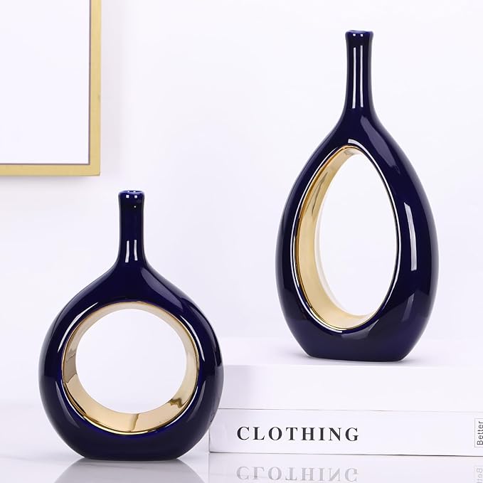 Blue and Gold Vase Ceramic Blue Vases Home Decor,Modern Minimalist Circle with Hole Decorative Vase, Hollow Ellipse Flower vases for Bookshelf, Fireplace Mantle, Centerpieces,Farmhouse,Rustic Décor