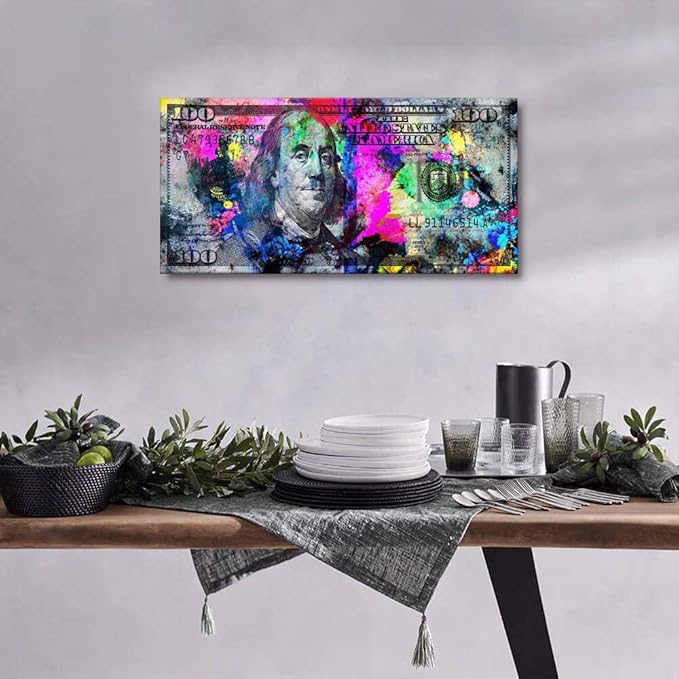 Colorful 100 Dollars Bill Wall Art Giclee Canvas Print Office Decor Money Pop Art Entrepreneur Motivational 100 Bill Cash Benjamin Franklin Dollar Print Art for Study Room Gym Coffee Shop-32"Wx16"H