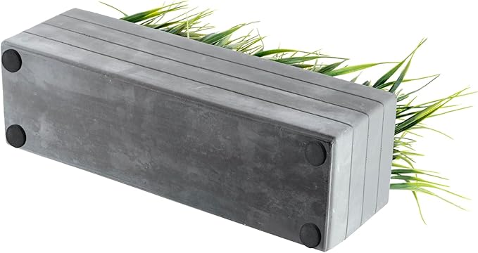 MyGift 14 Inch Artificial Green Grass Plants in Ribbed Dark Gray Concrete Rectangle Planters, Tabletop Faux Greenery in Rectangular Cement Pot Centerpiece Décor