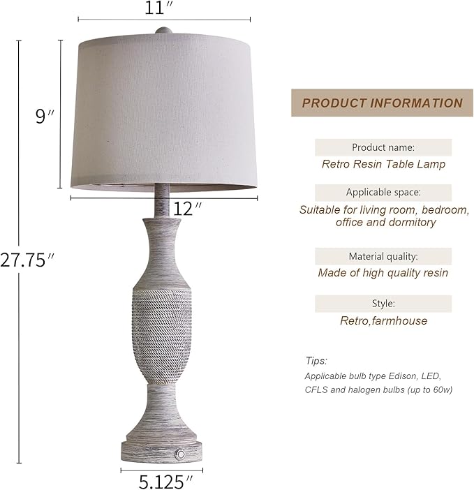 OYEARS 27.75”Touch Table Lamp 3 Way Dimmable Free Control,Beside Lamps with USB Ports Outlets,Lamp Bedroom Set 2,Farmhouse Lamp for Bedroom,Living Room,Vintage Office Linen Fabric Shade Resin Base