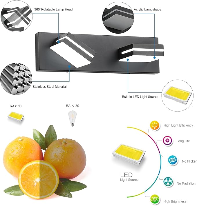 SineRise LED Modern Bathroom Vanity Light Fixtures (2-Light, 15.5-Inch, Dimmable), Matte Black Modern Acrylic Bathroom Wall Lighting Fixtures Over Mirror (Cool White 6000K)