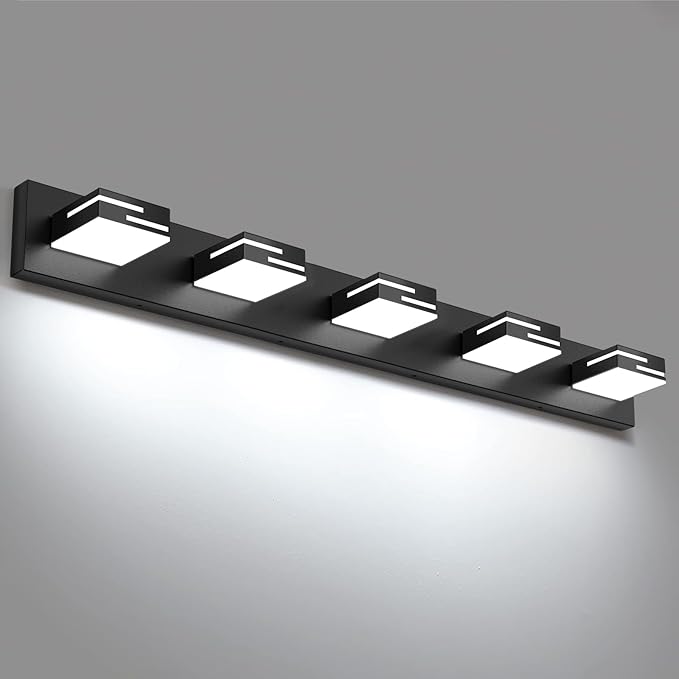 LED Modern Bathroom Vanity Light Fixtures, 5-Light 34-inch Dimmable Matte Black Vanity Lights for Bathroom Lighting Fixtures Over Mirror, with 350° Rotatable Acrylic Heads (Cool White 6000K)