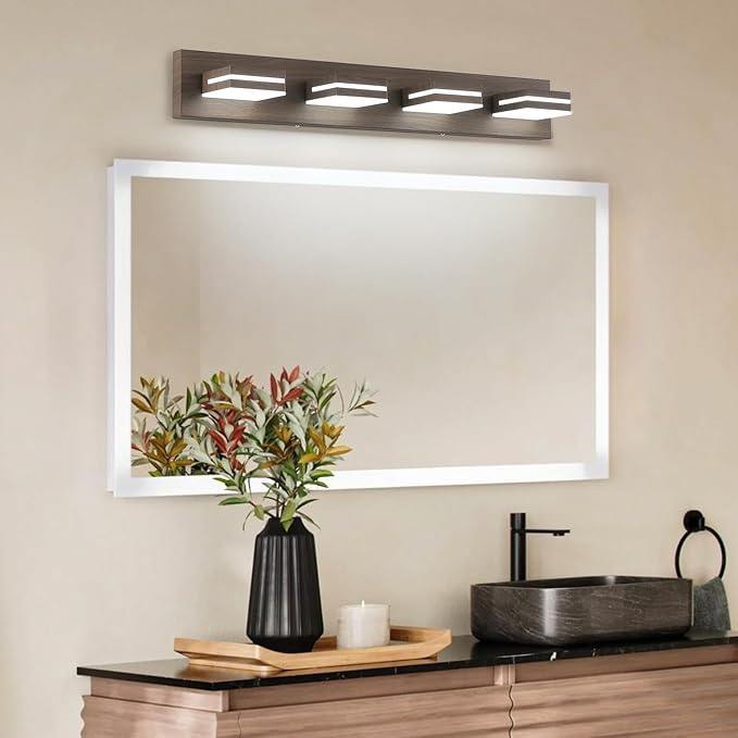 SineRise LED Modern Bathroom Vanity Light Fixtures (4-Light, 30-Inch, Dimmable), Brown Wood Painted Modern Acrylic Bathroom Wall Lighting Fixtures Over Mirror (Cool White 6000K)