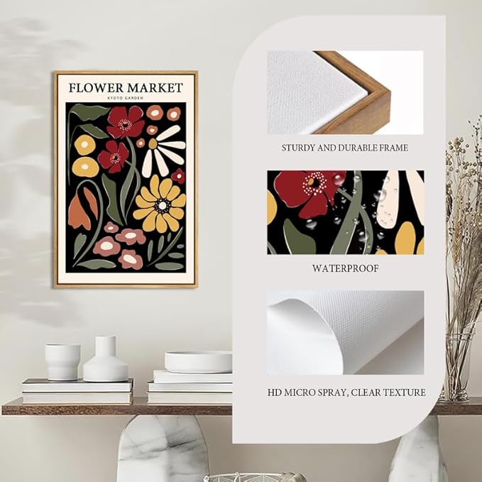 Gufro Framed Flower Market Wall Art,Floral Pictures Wall Decor,Abstract Colorful Botanical Painting for Living Room, Bedroom, Office-16x24in