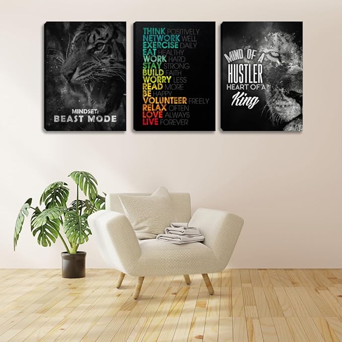 3 Pieces Mindset Wall Decor Posters Room Decor for Men Motivational Tiger Wall Art for Office Inspirational Picture Painting Poster Prints Canvas Wall Art Home Framed Decorations(36" Wx16 H)