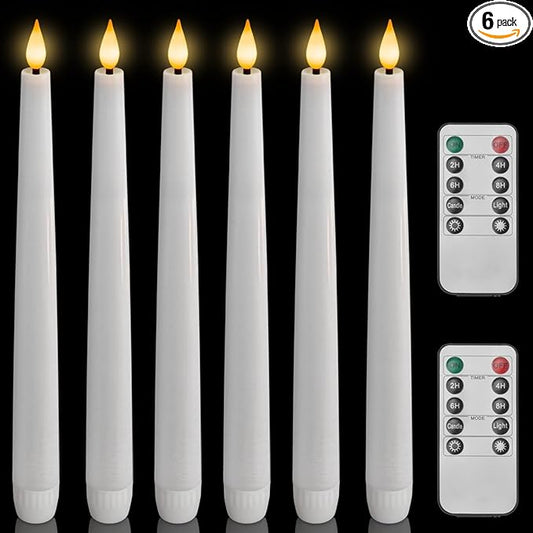Homemory Flameless Taper Candle Set, 6 Pcs Waxy Led Candlesticks, Flickering Battery Operated, White, 9.6 inches