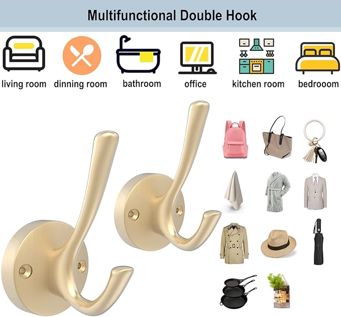 Gold Wall Hooks, 6 Pack Coat Robe Hook Heavy Duty Metal Double Bath Hook Wall Mounted, Hand Towel Hooks for Cubicle Bathroom Kitchen Closet Garage