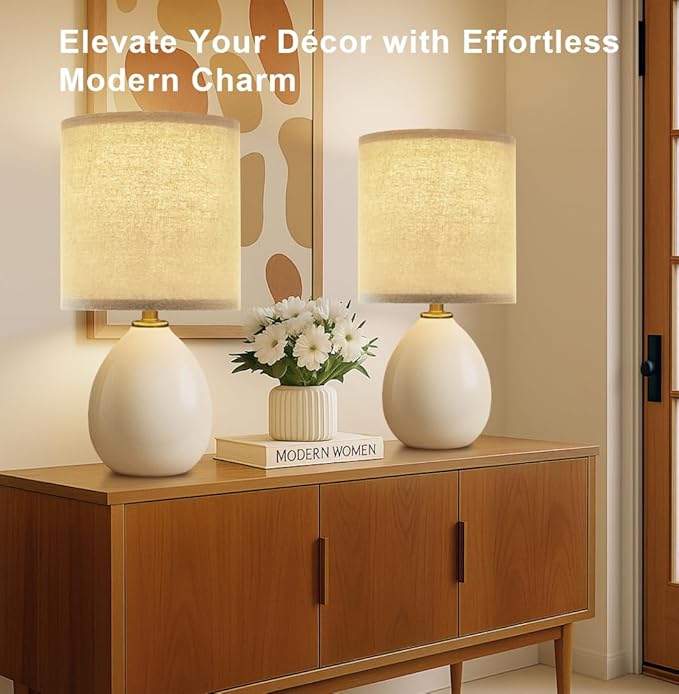 18.5" Table Lamp Set of 2 for Living Room Bedroom, Bedside Lamps for Night Stands, Desk Nightstand Lamp Dimmable, Modern Linen Cream Ceramic Lamps