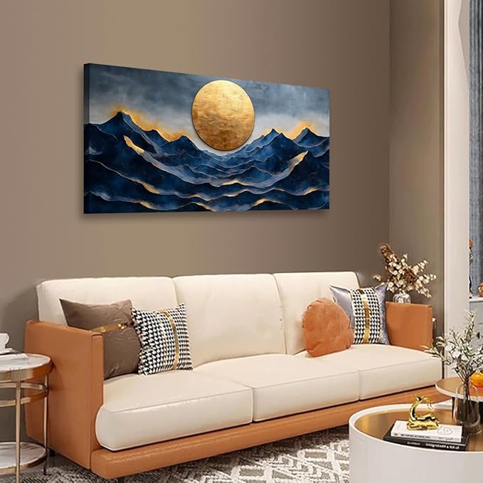 Golden Moon Pictures Canvas Wall Art for Living room Office Bedroom Wall Decor, Landscape Wall Art Print Paintings Modern Golden Blue Scenery Artwork Waterproof Ready to Hang-20x40inch