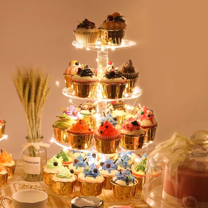 YestBuy 4 Tier Round Cupcake Stand, Cupcake Holder, 4 Tier Cupcake Tray, Acrylic Cake Tower Stand Display for Pastry + LED Light String, Ideal for Weddings, Birthday Parties (Yellow)