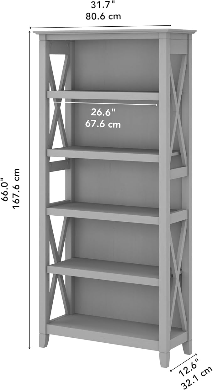 Bush Furniture Tall 5 Shelf Bookcase for Living Room or Home Office, Large Bookshelf, Modern Farmhouse Style, Key West Collection, Cape Cod Gray
