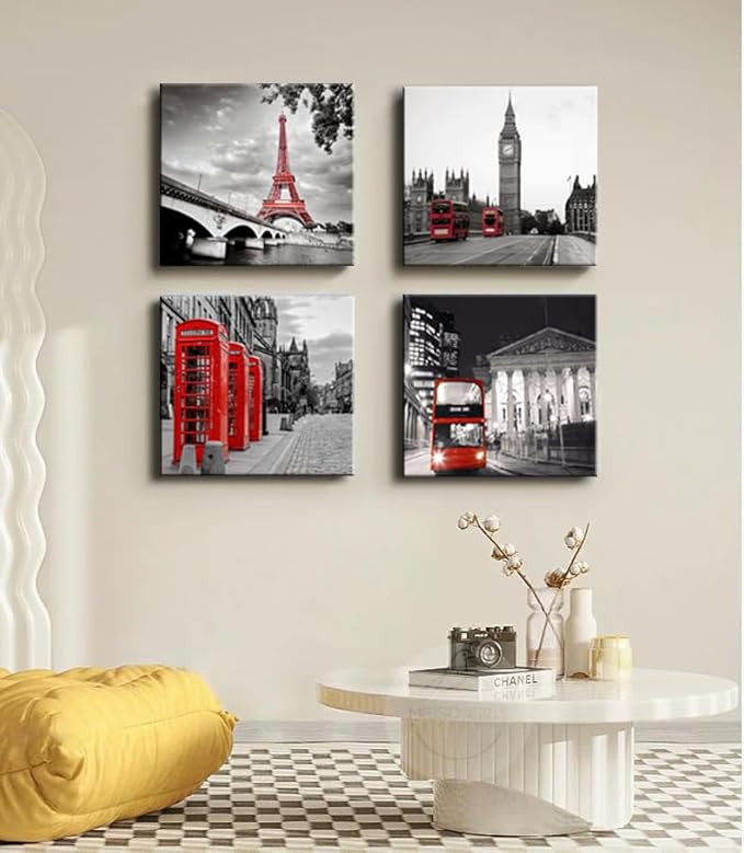 Black and White City Landscape Wall Art for Bedroom Red Street Scenery Canvas Decor for Bathroom Paris Eiffel Tower Pictures Prints London Big Ben Artwork for Living Room Office 16"x16"