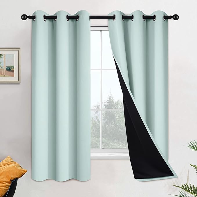 Yakamok 100% Blackout Lined Panels, Room Darkening Thermal Insulated Blackout Curtains for Bedroom, Heat Blocking Drapes for Living Room(42Wx63L, Aqua, 2 Panels)