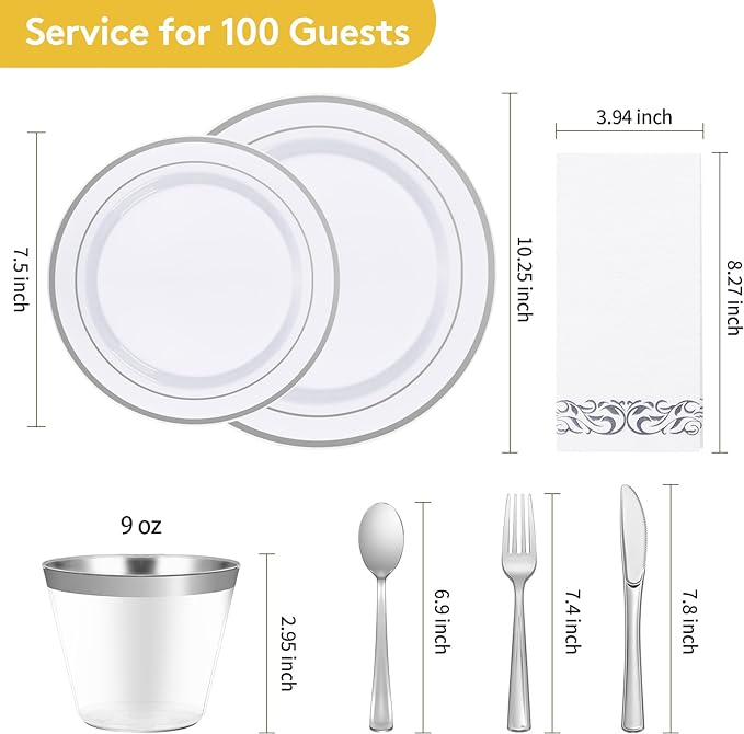 Goodluck 700 Piece Silver Dinnerware Set for 100 Guests, Disposable Plastic Plates for Party, Include: 100 Dinner Plates, 100 Dessert Plates, 100 Paper Napkins, 100 Cups, 100 Silverware set